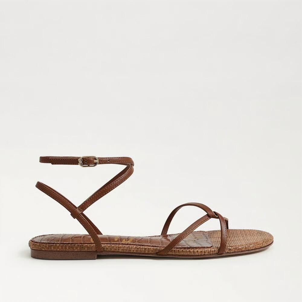 NEW SAM EDELMAN women's ellina strappy flat sandal in rich cognac leather - Picture 1 of 7